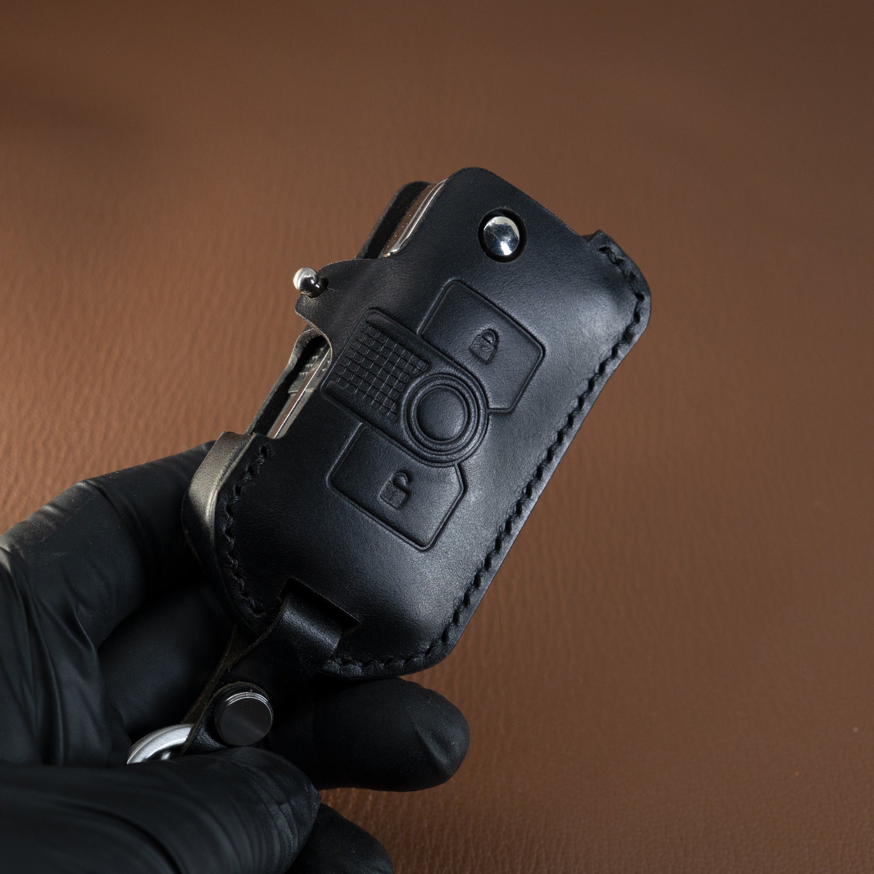 INEOS Grenadier leather key fob cover Front view