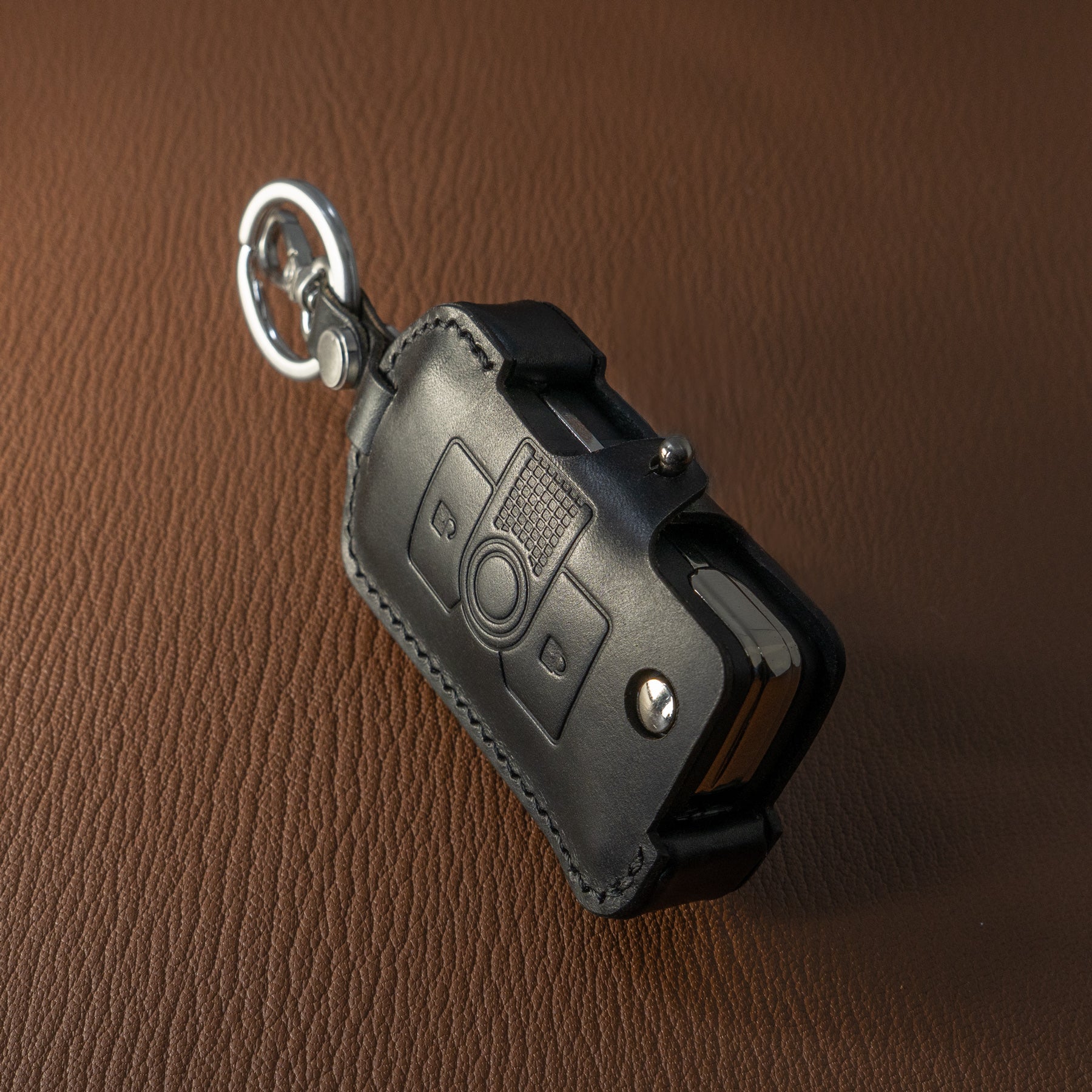 INEOS Grenadier leather key fob cover in black