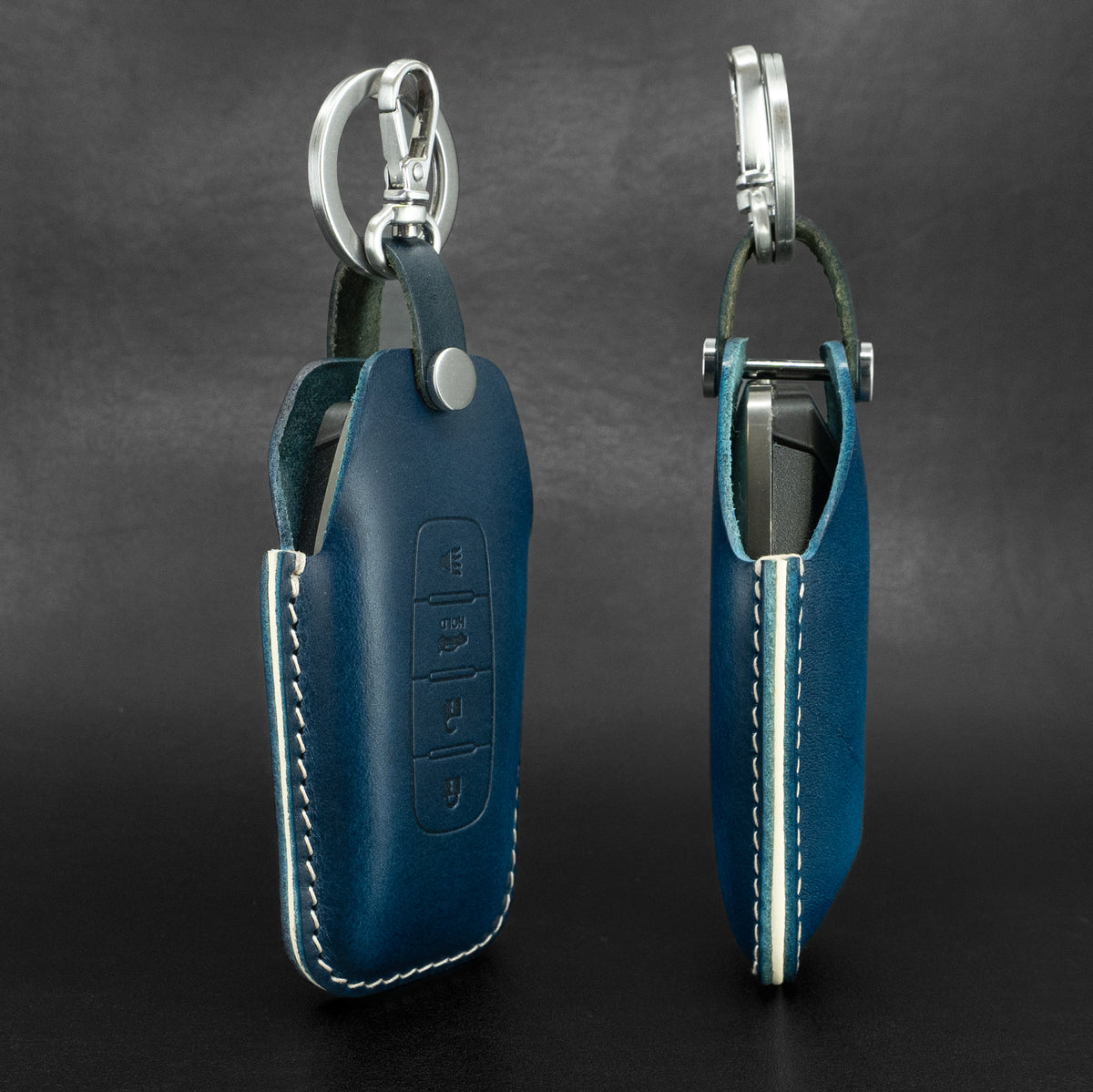Close-up of stitching detail on Infiniti key fob leather case