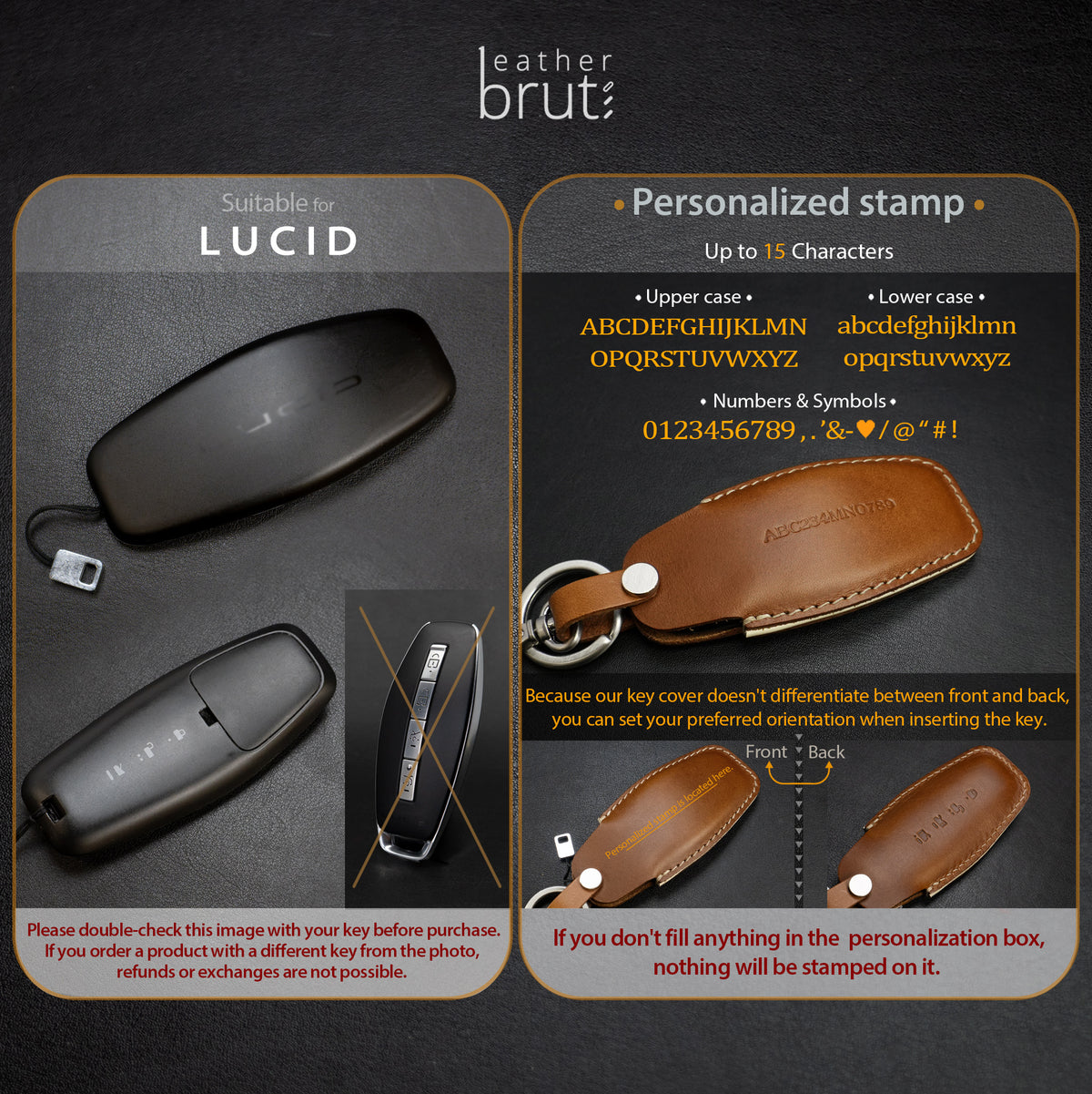 Handcrafted leather key fob cover for Lucid Air, angled view