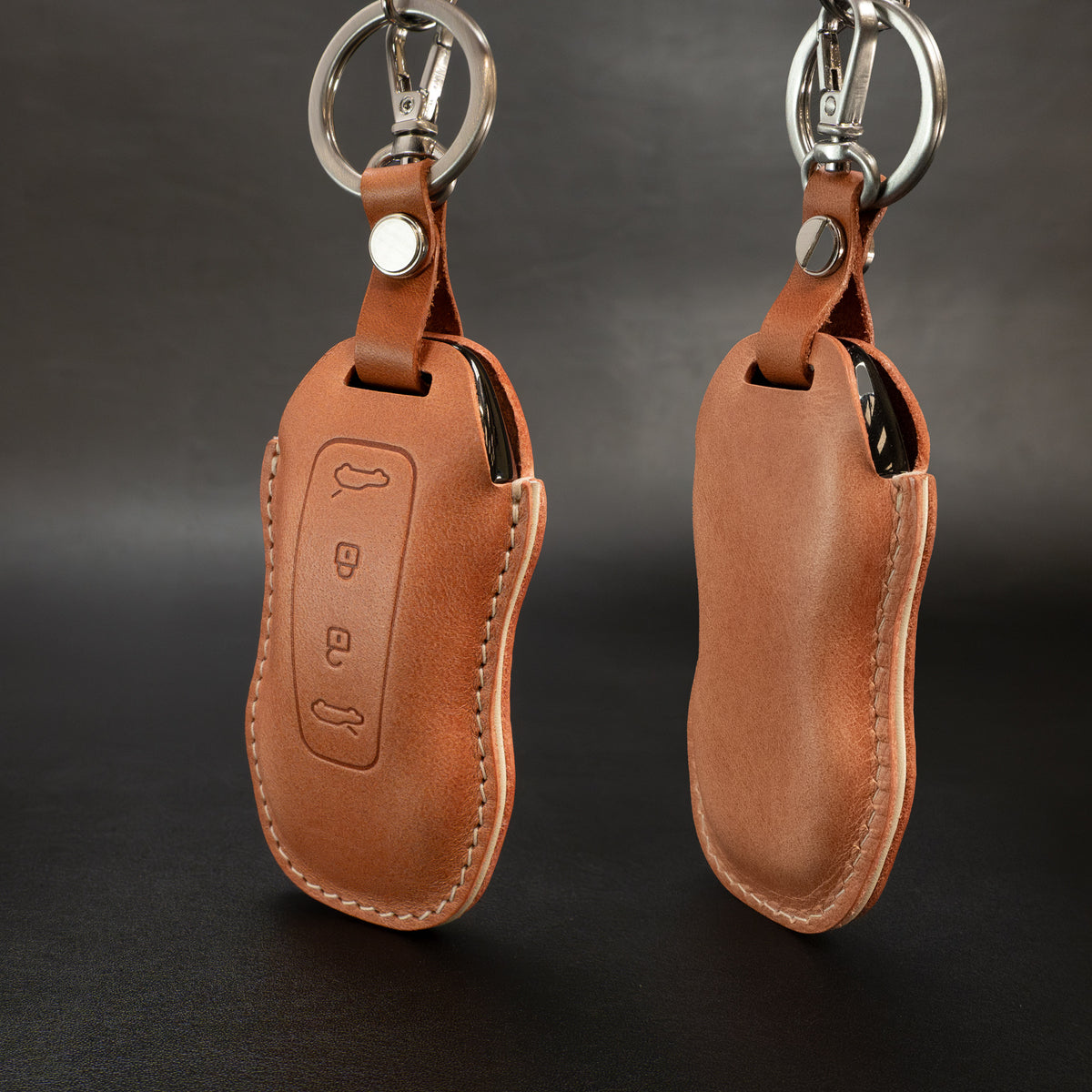 Porsche Macan EV key fob leather cover, hardware detail