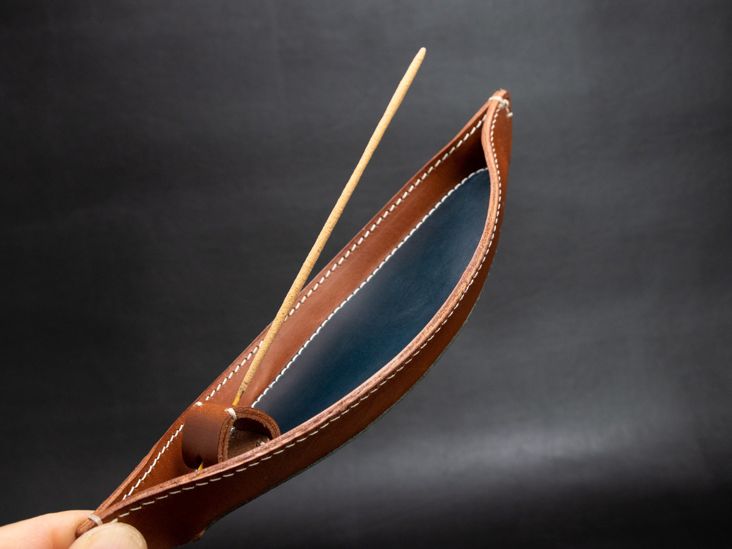 Incense Tray [Meg-Boat] - Brown/Navy - Premium Italian Veg-Tanned Leather - Personalized Stamp - Handcrafted in USA
