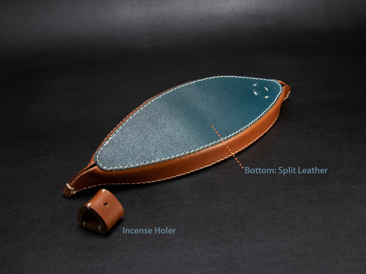 Incense Tray [Meg-Boat] - Brown/Navy - Premium Italian Veg-Tanned Leather - Personalized Stamp - Handcrafted in USA