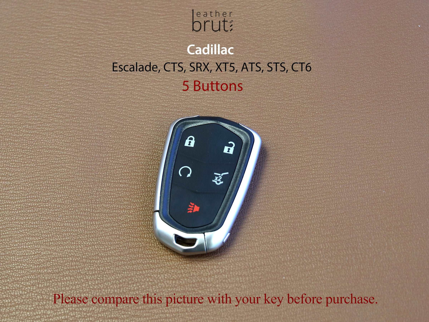 Cadillac [1-5B] Key Fob Leather Case For Escalade, cts, SRX, XT5, ATS, STS, CT6 - Italian Veg-Tanned Leather -5 Buttons