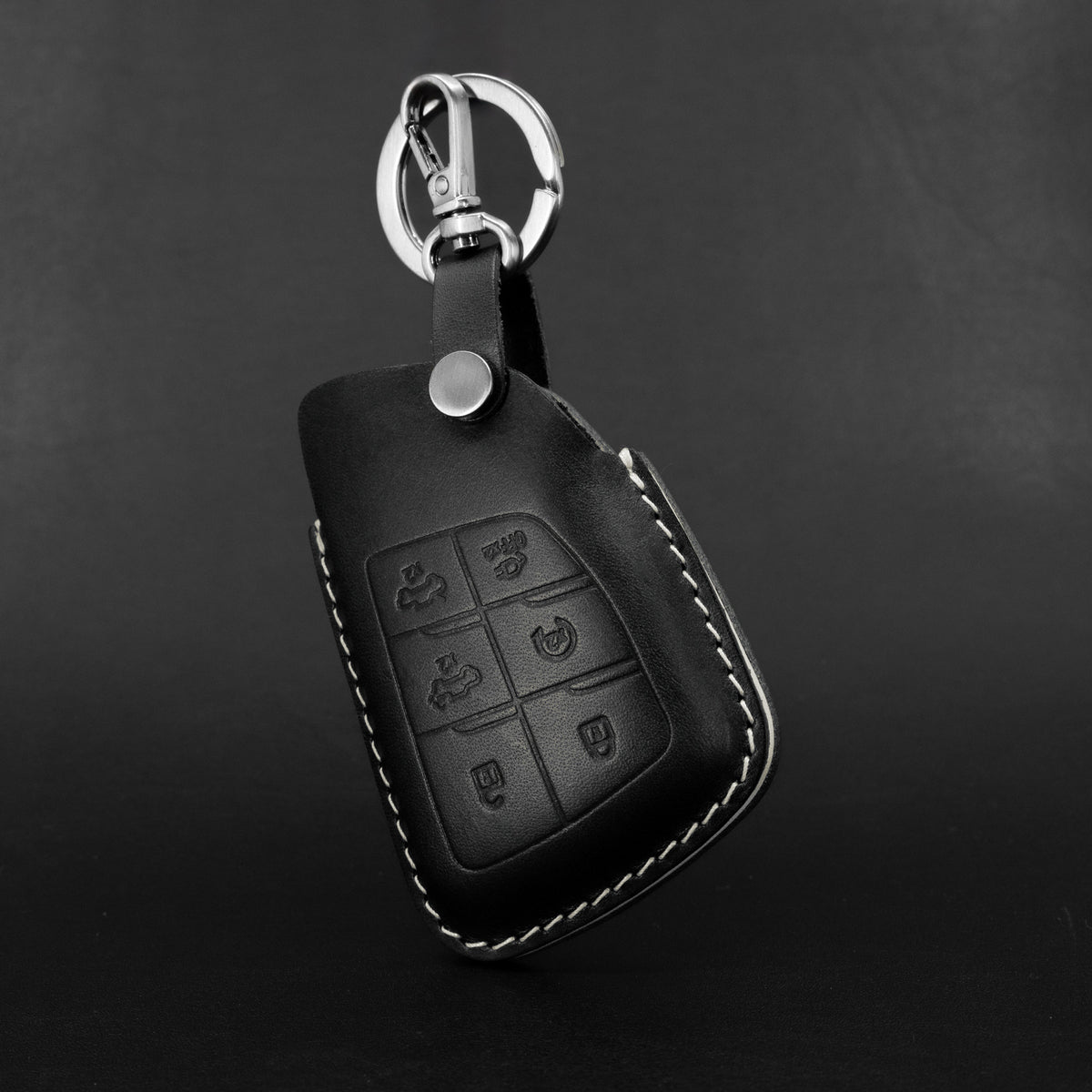 Close-up of stitching detail on Chevy GMC key fob leather case