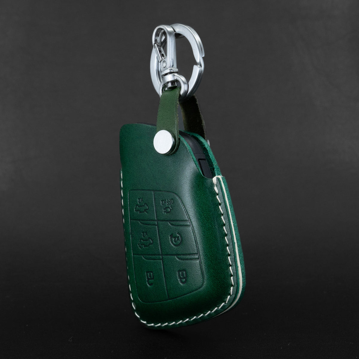 Chevy GMC key fob leather case, hardware detail