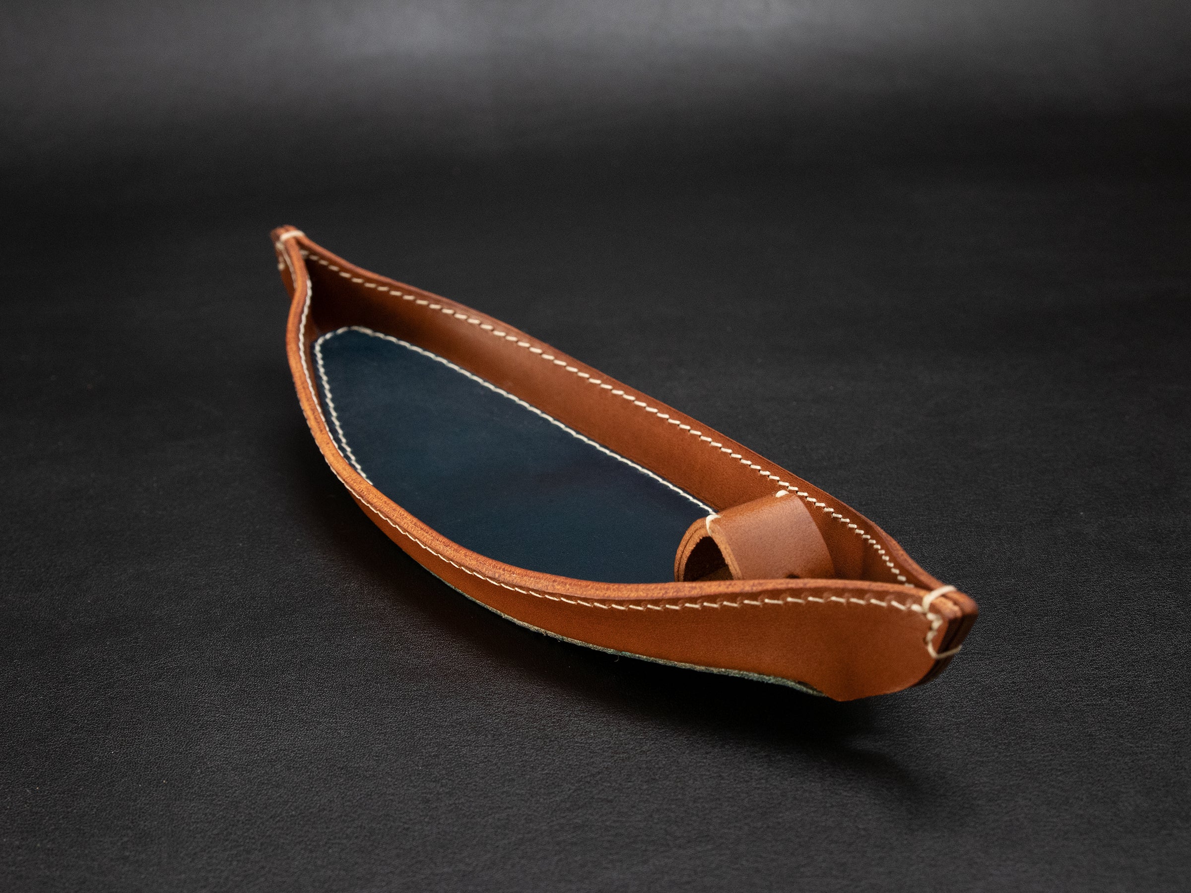 Incense Tray [Meg-Boat] - Brown/Navy - Premium Italian Veg-Tanned Leather - Personalized Stamp - Handcrafted in USA