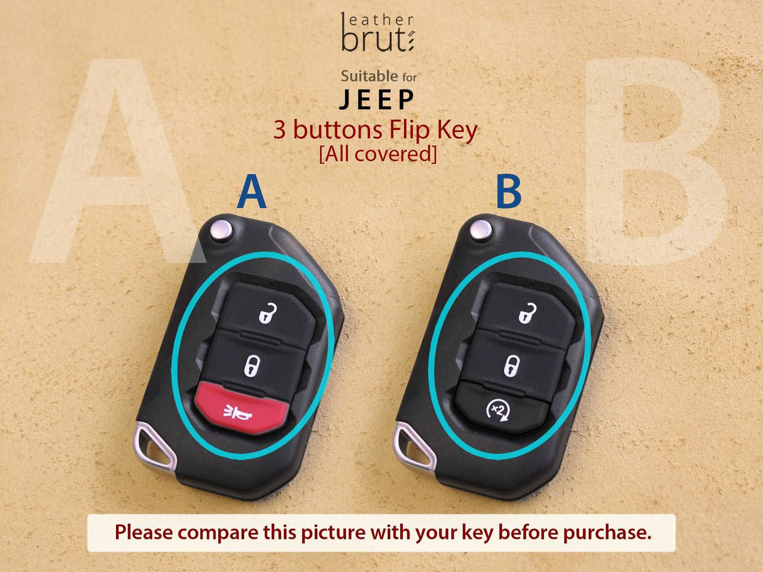 Jeep [2-3] Series Leather Key Case - Gladiator, Wrangler JL JT Rubicon - 3 Buttons - Italian Veg-Tanned Leather