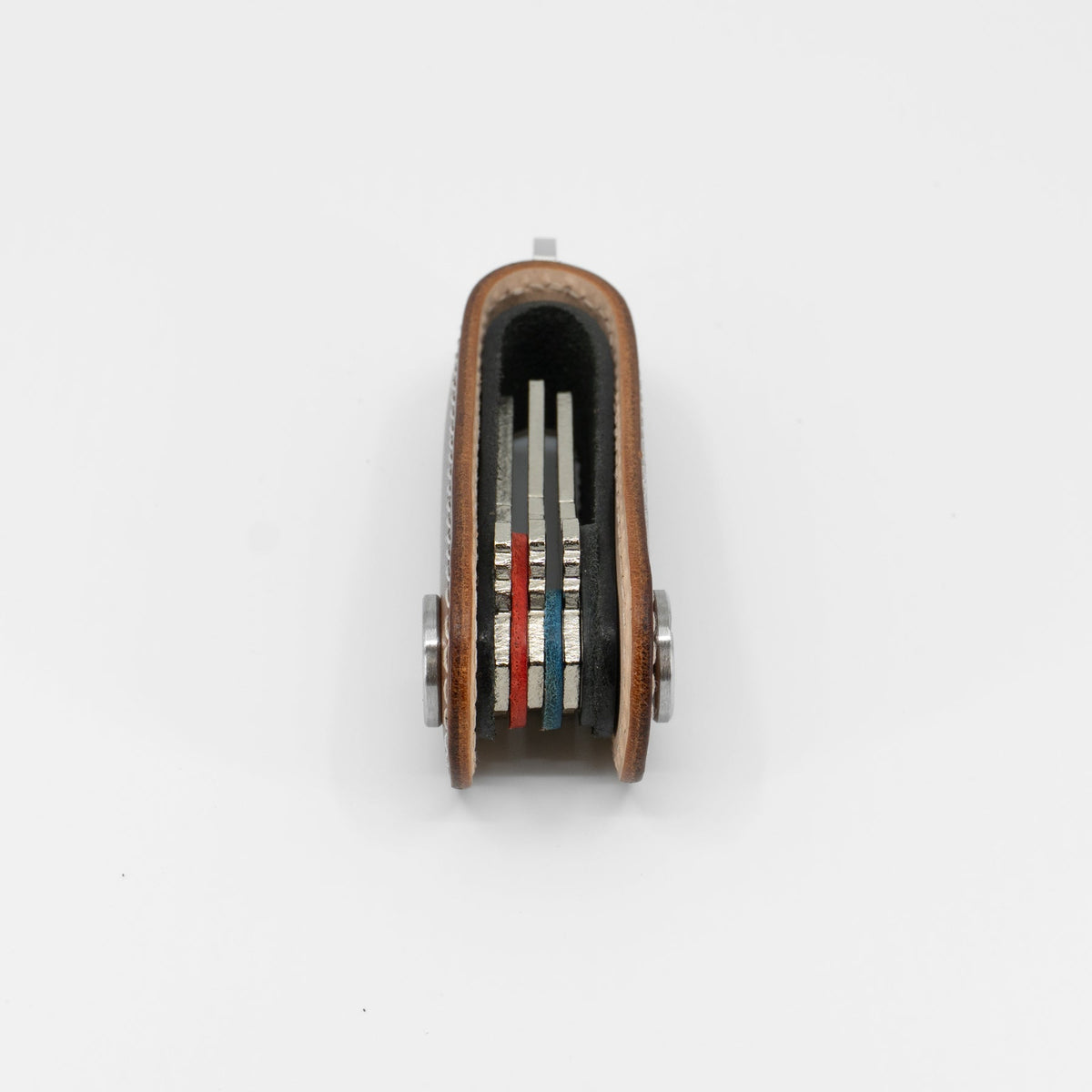 Close-up of stitching on brown Gaeta leather key organizer