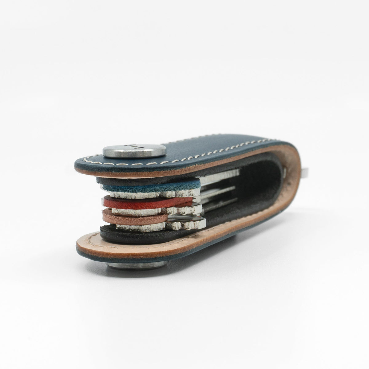 Close-up of stitching on navy Gaeta leather key organizer