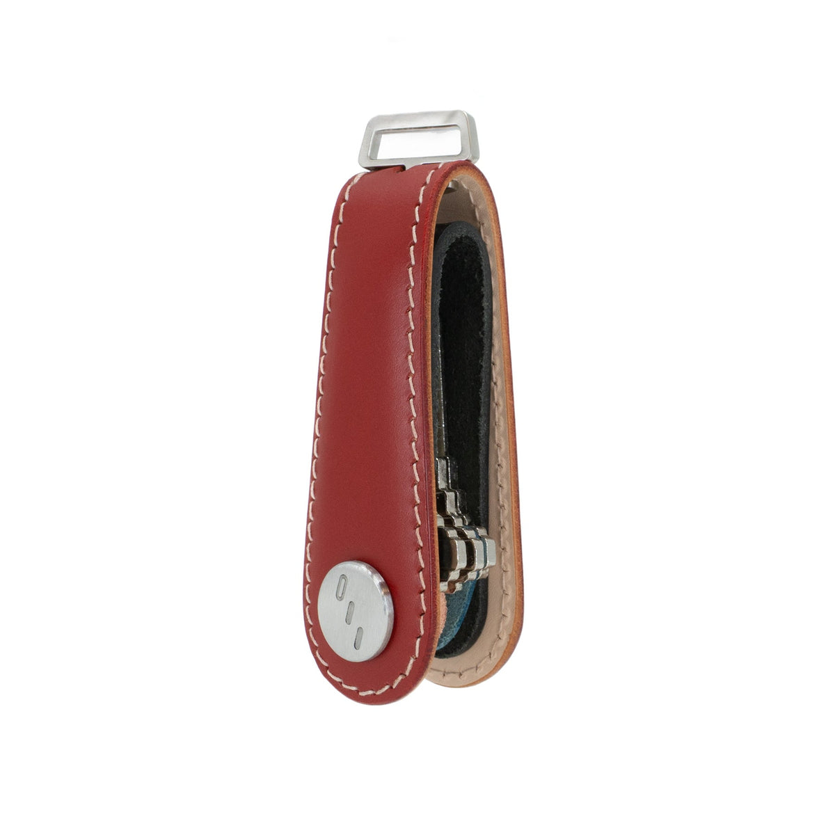 Red Gaeta leather key organizer held in hand for size reference