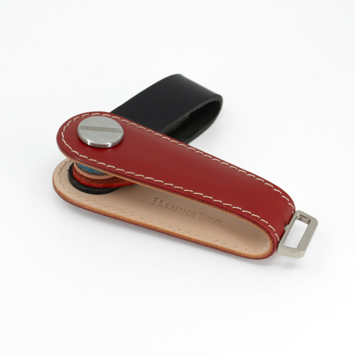 Close-up of stitching on red Gaeta leather key organizer