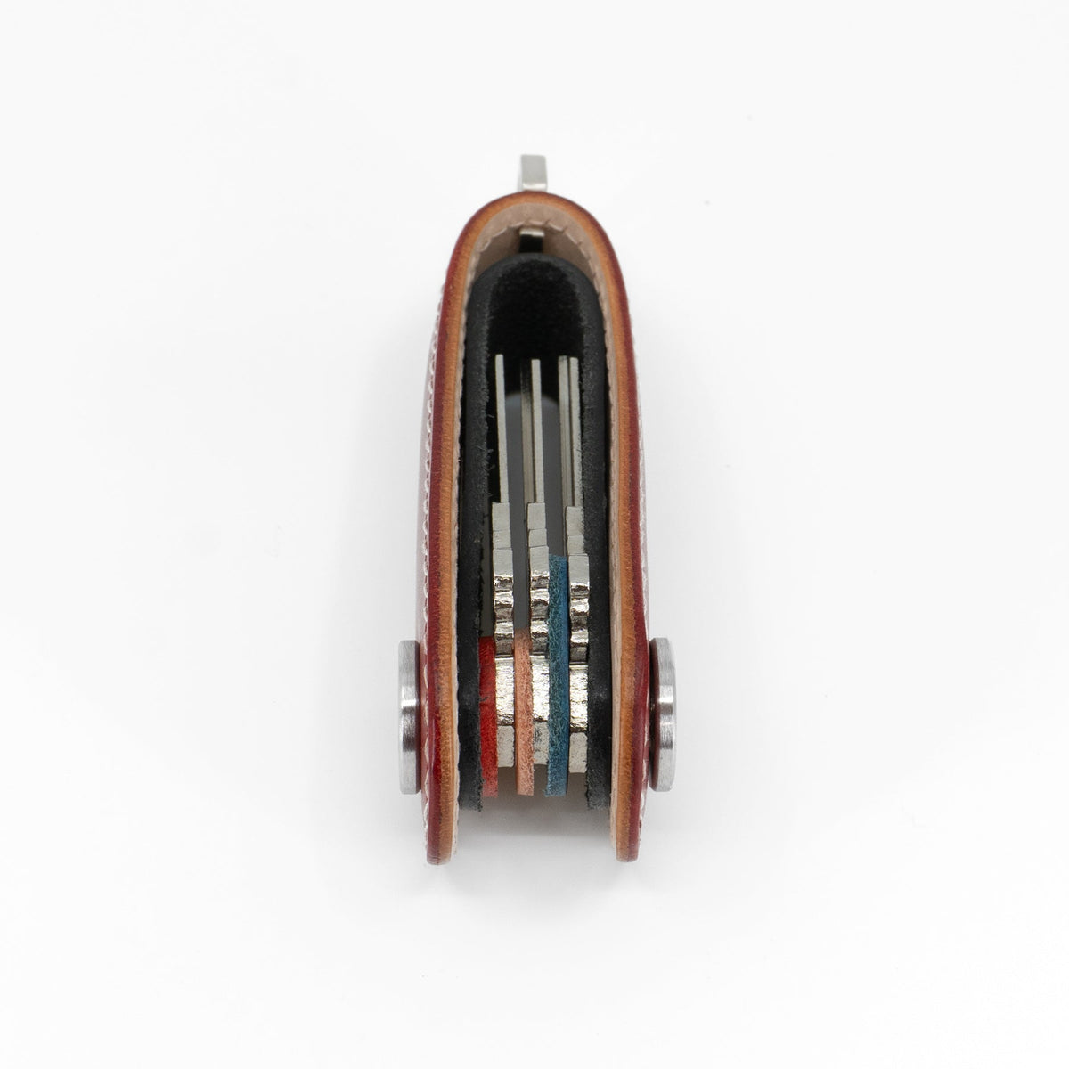 Red Gaeta leather key organizer open with keys fanned out