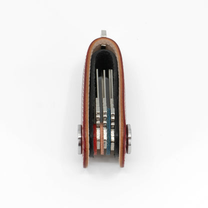 Red Gaeta leather key organizer open with keys fanned out
