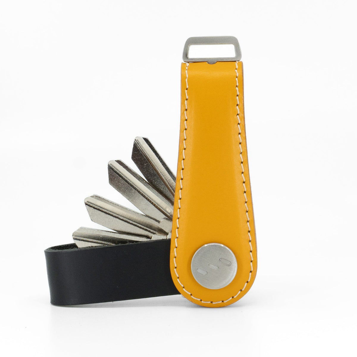 Yellow Gaeta leather key organizer holding keys, side view