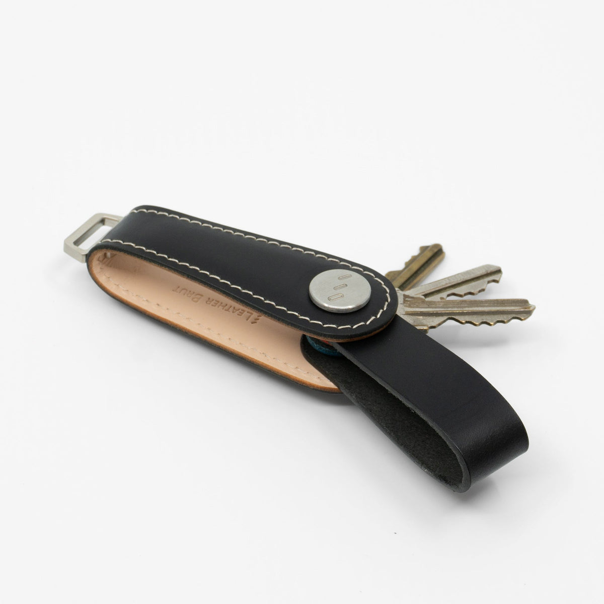 Close-up of stitching on black Gaeta leather key organizer