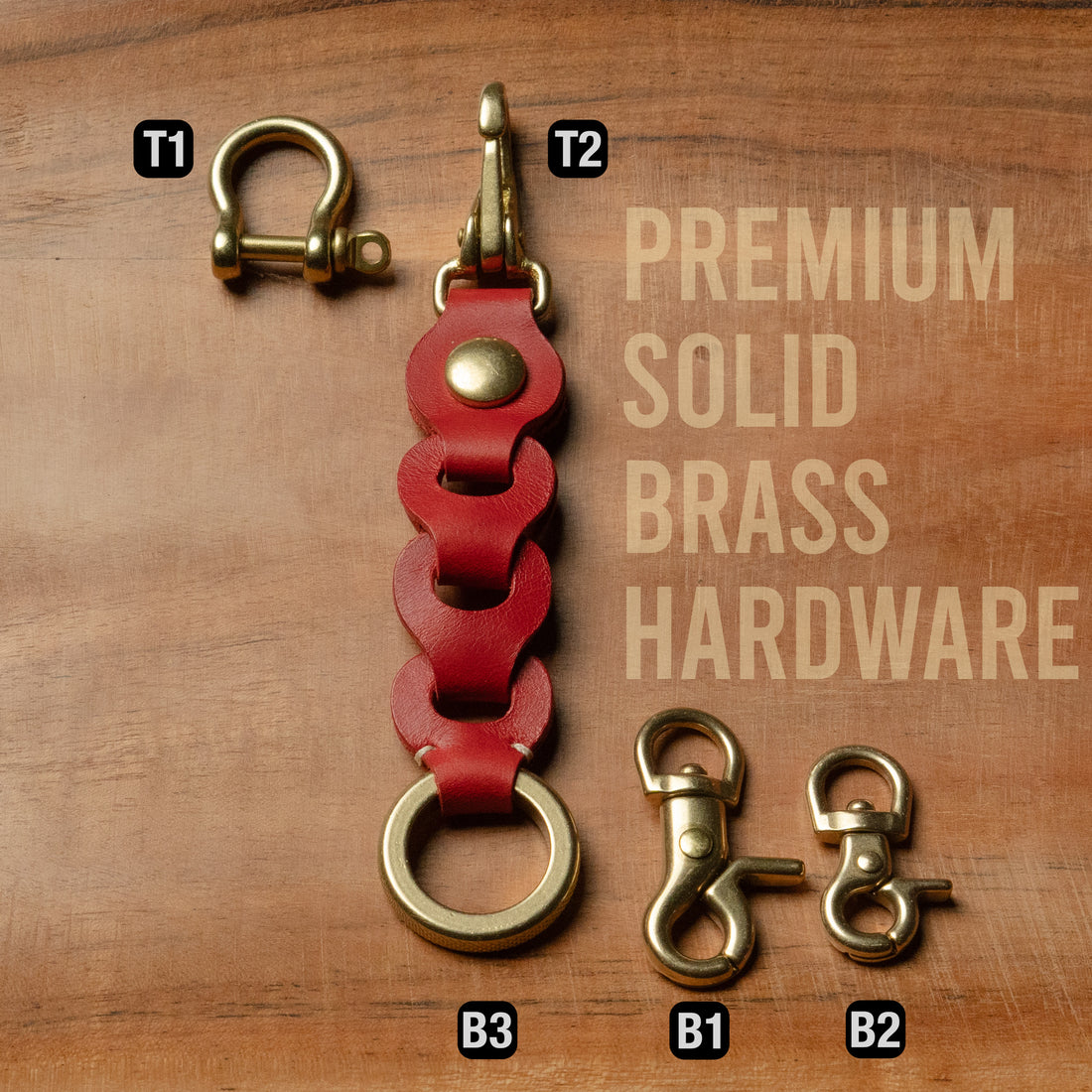 Red leather link keychain displayed with all Top and Bottom solid brass hardware options labeled T1, T2, B1, B2, B3