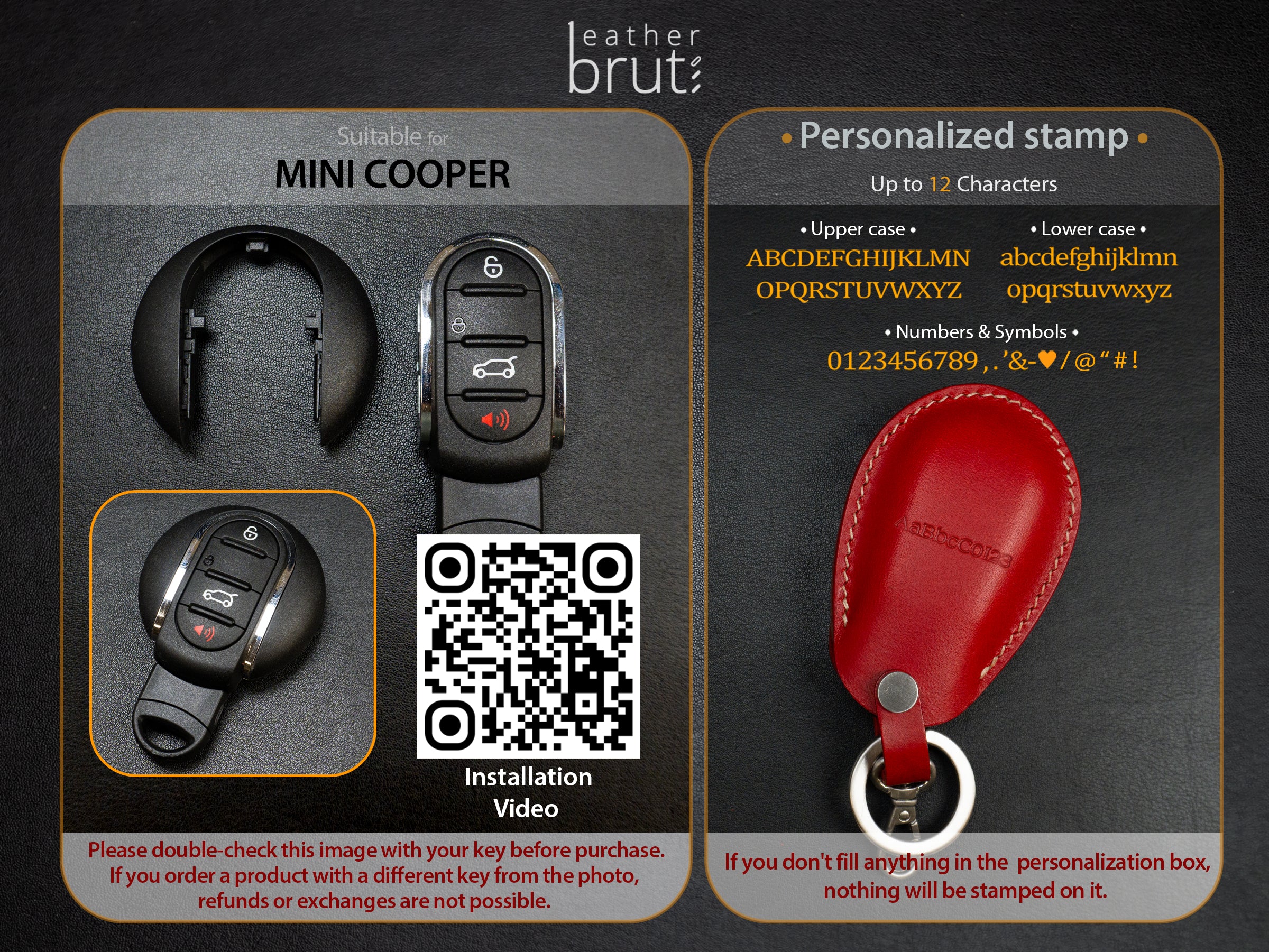 MINI Cooper Series [1-V2] Leather Key Fob Cover - RED - Handcrafted in USA