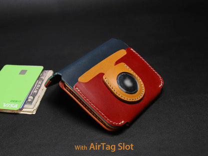 AirTag Leather Wallet [TW-RN]  - Card Holder - Premium Italian Veg-Tanned Leather - Personalized Stamp - Handcrafted in USA