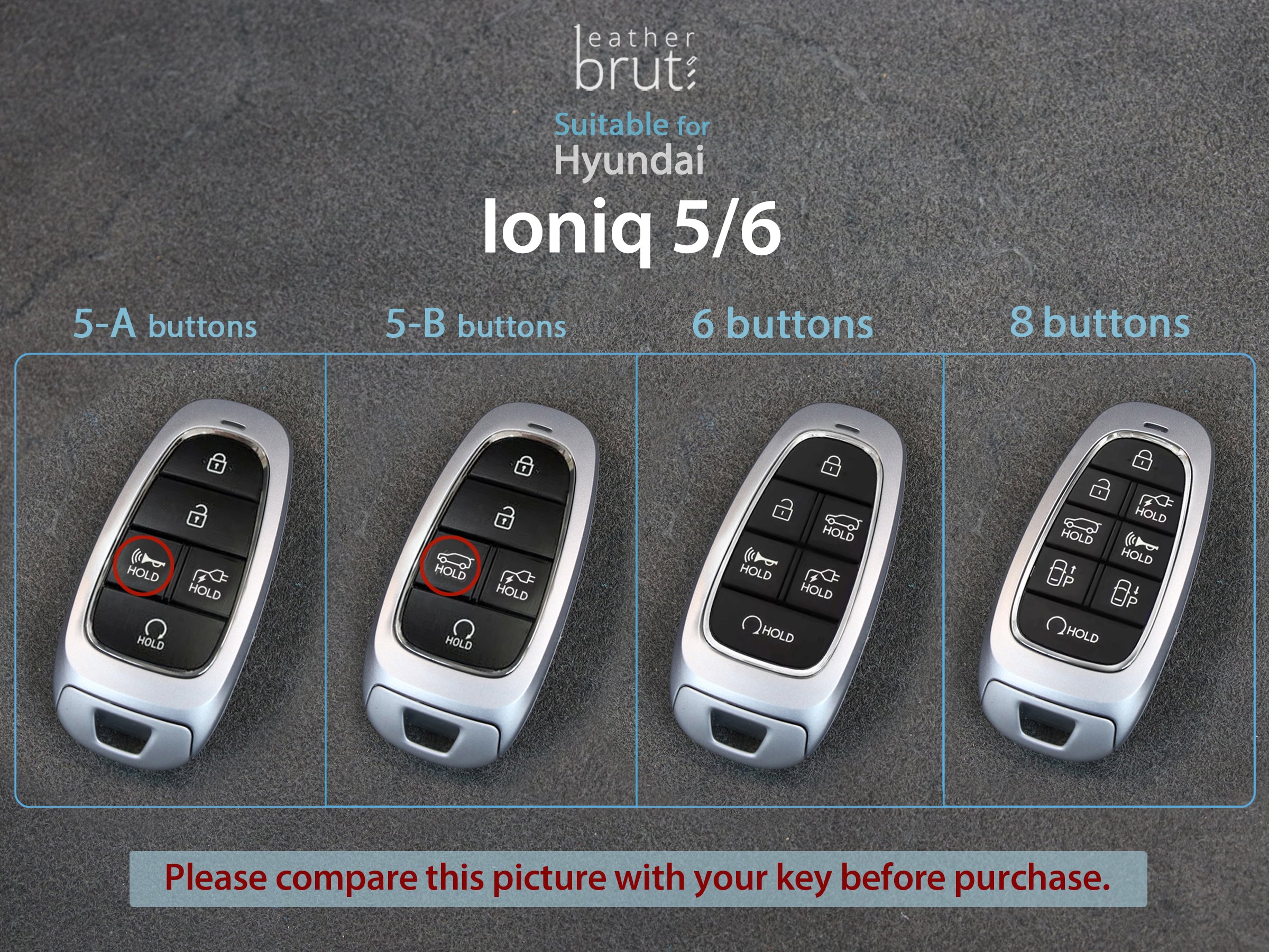 Cowhide Leather Car Key Case Key Chain For Hyundai Ioniq 6 EV 5 Buttons 