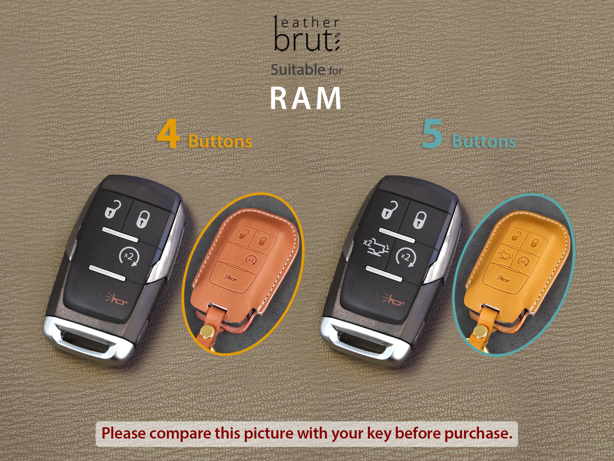 RAM [1A] Key Fob Cover fits 2500, 3500, 4500, 5500 - Italian Veg-Tanned Leather - 4/5 Buttons - Tailgate, Remote Start