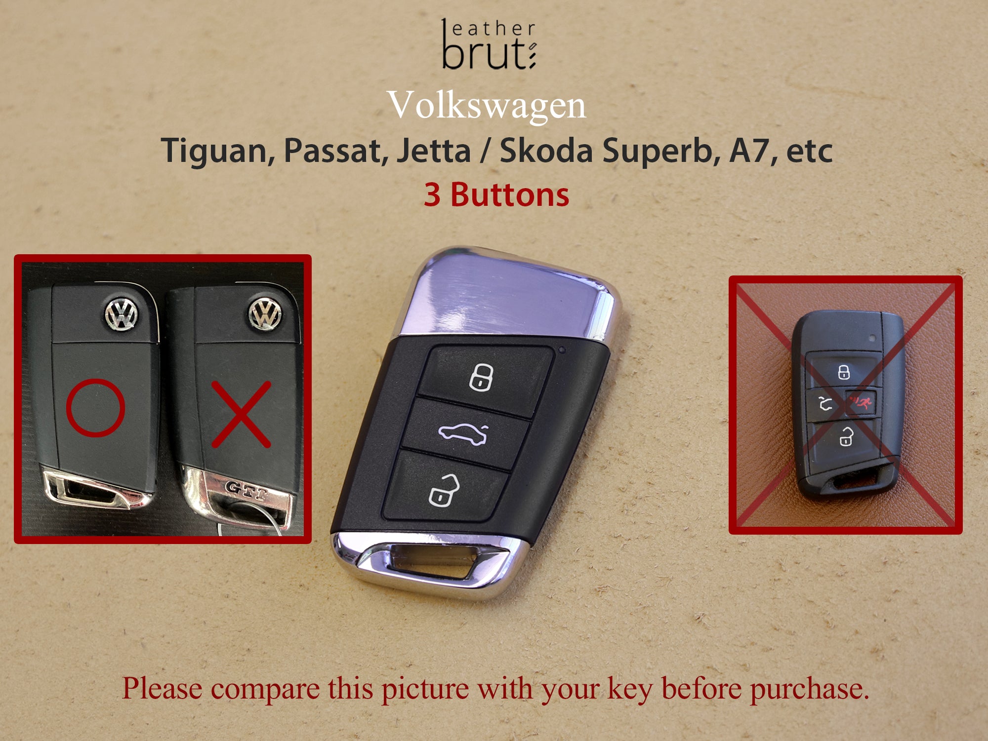 Volkswagen [2A-3B] Key fob Cover -Tiguan, Passat, Jetta / Skoda Superb, A7 - Italian Veg-Tanned Leather