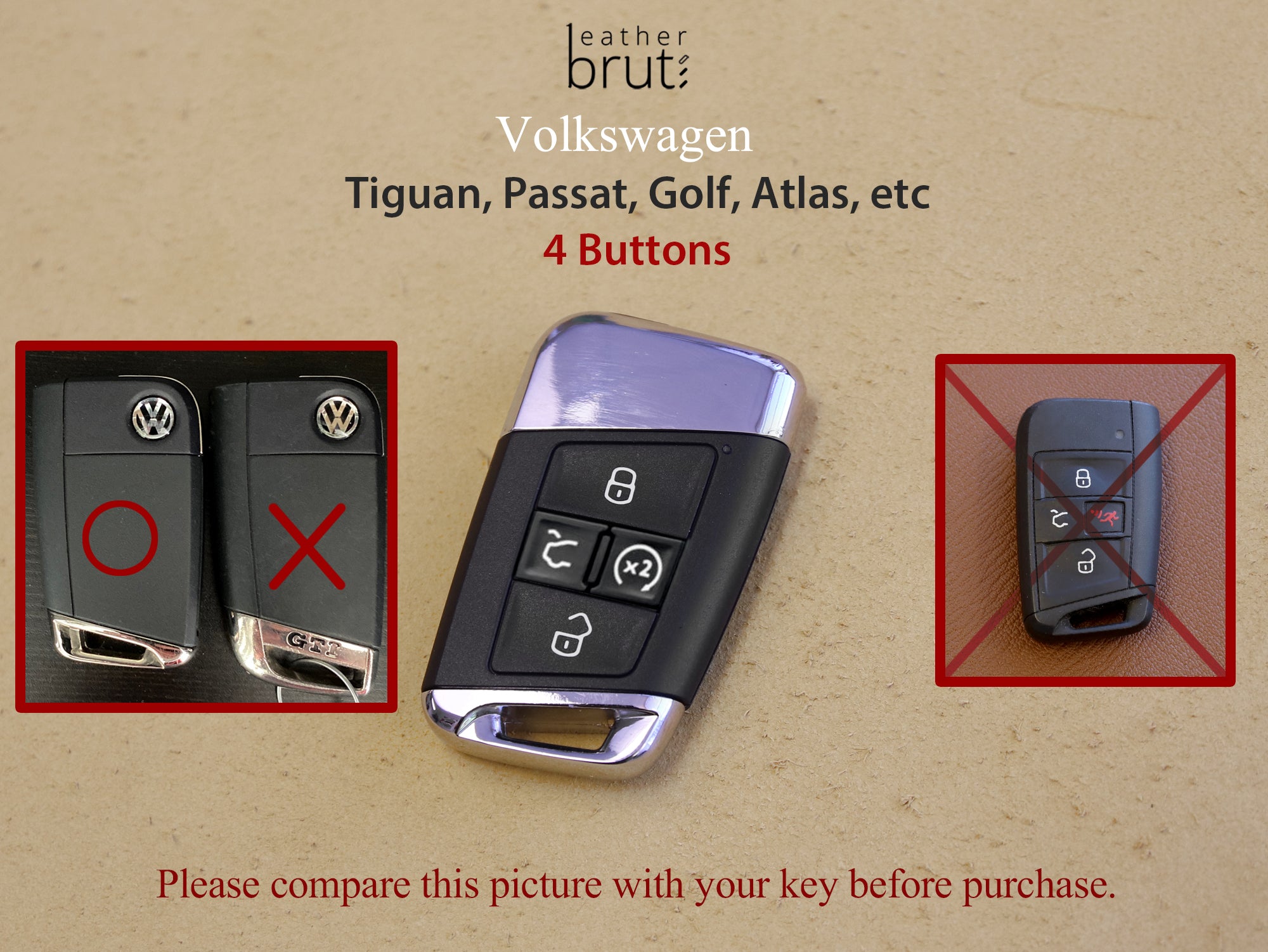Volkswagen [2A-4] Leather Key Case - Tiguan, Passat, Jetta / Skoda Superb, A7  - 4 Buttons - Italian Leather