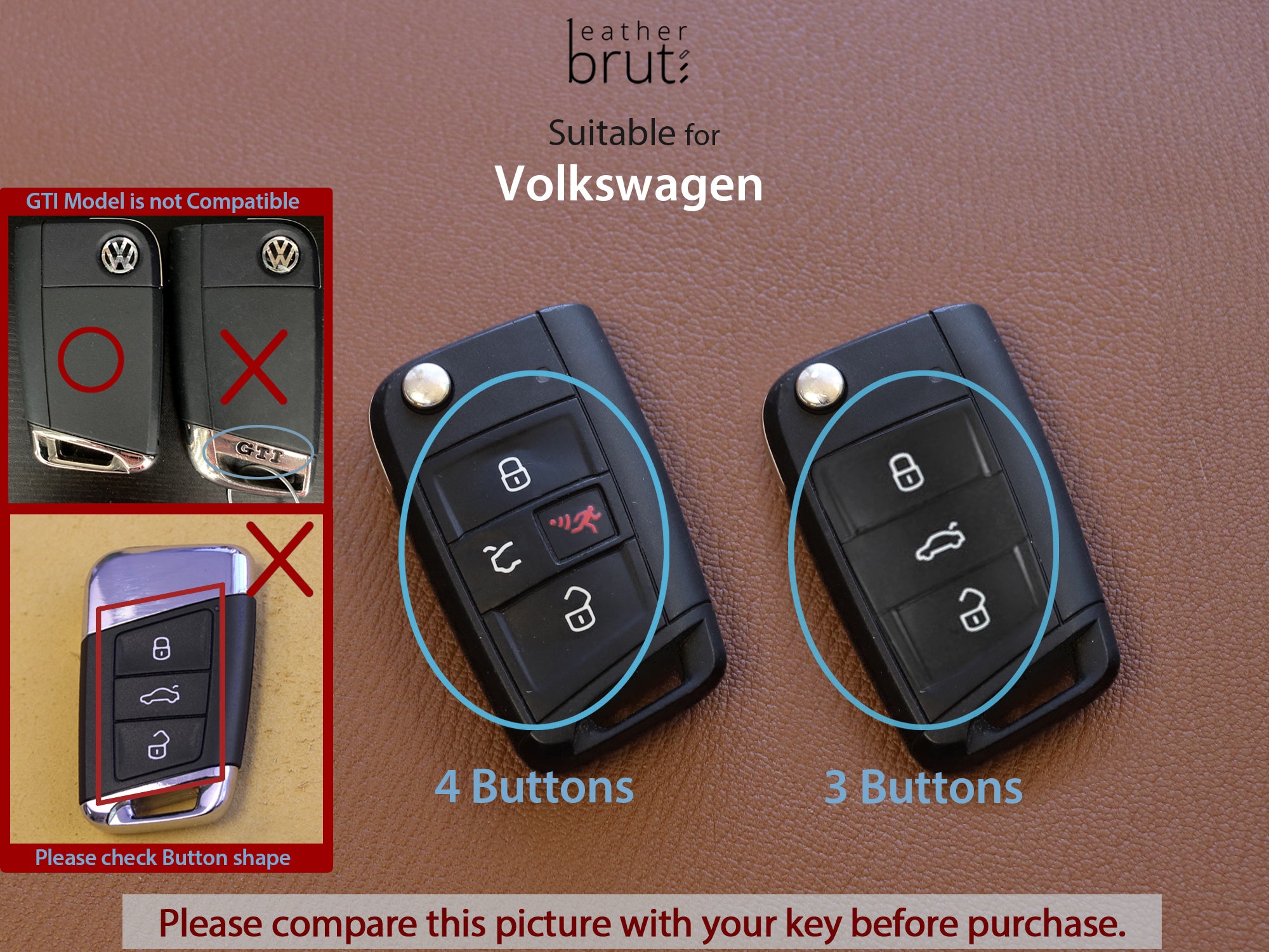 VW Key Fob Leather Case Fits GOLF MK7 - Leather Brut