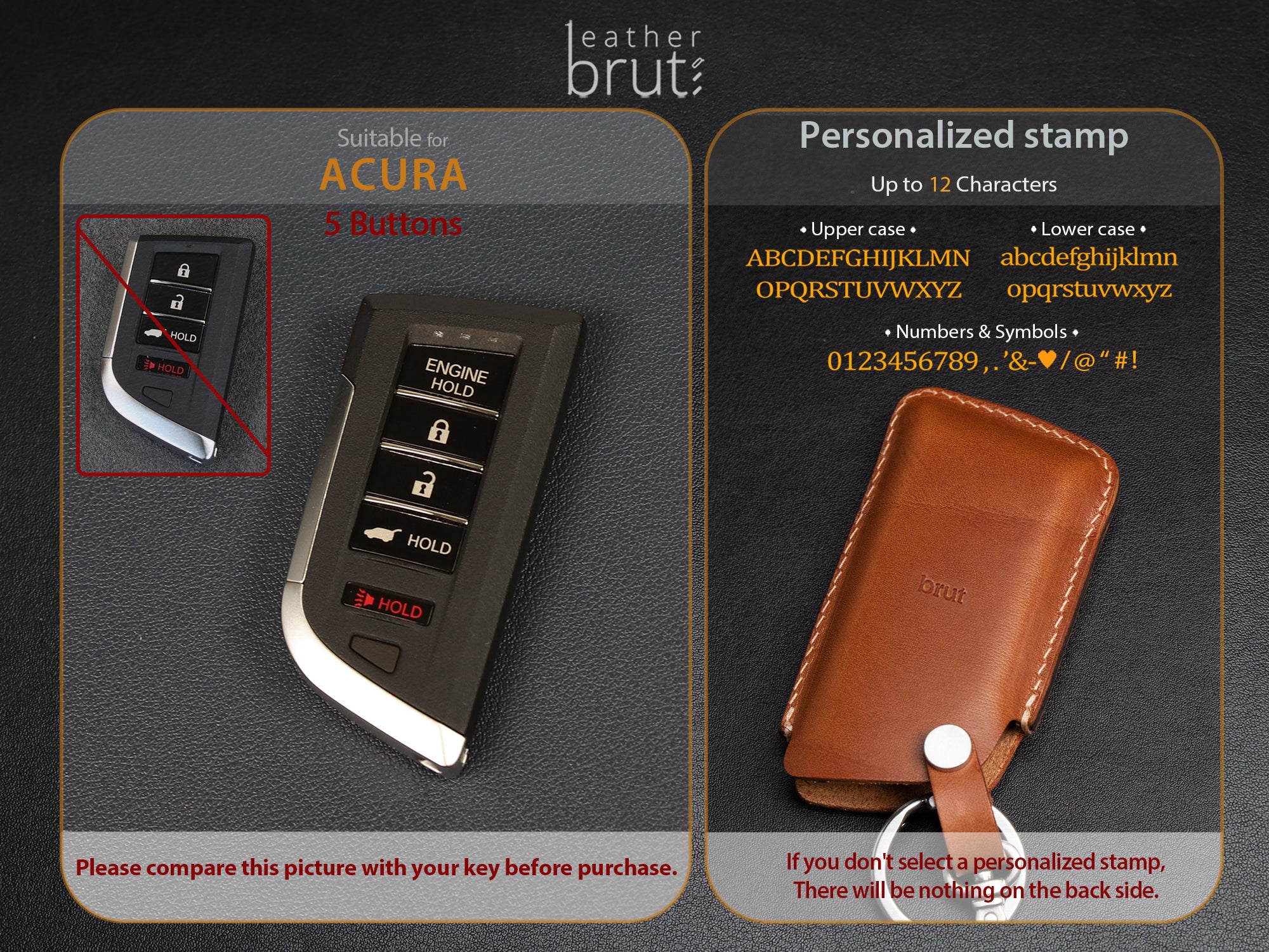 Acura [4-V2] Series Leather Key Fob  Case - MDX RDX TLX IL TSX ZDX Integra - Handcrafted in USA - Personalized Stamp