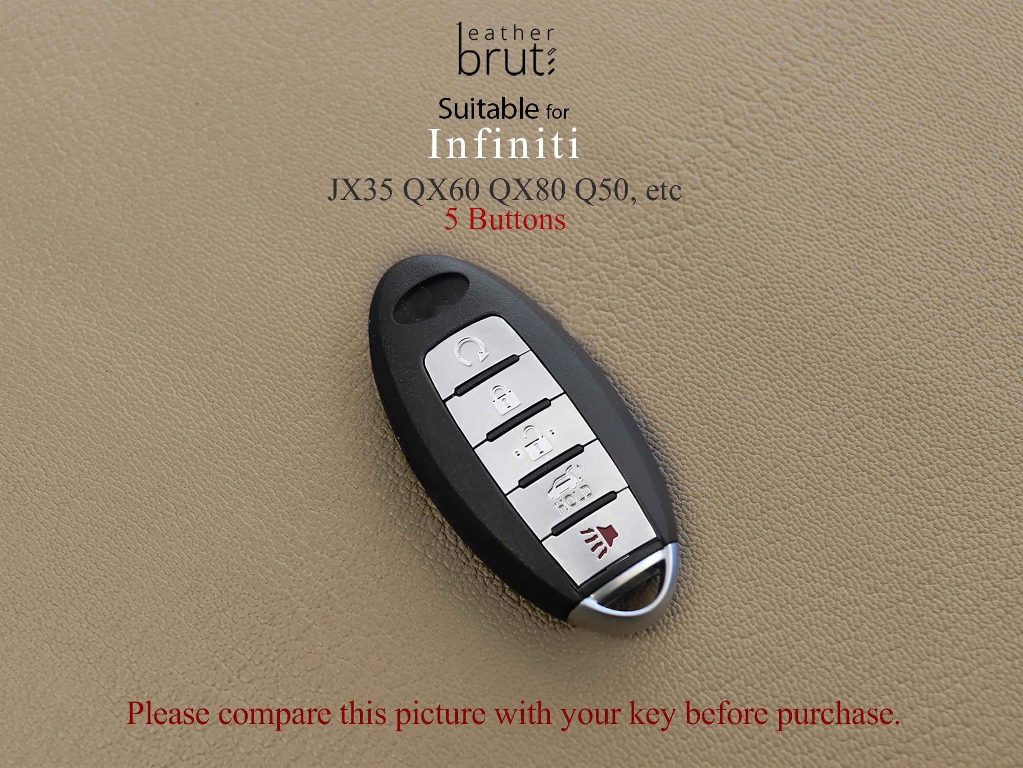 Infiniti [1-5] Key Cover Leather Case for Infiniti - JX35 QX60 QX80 Q50 - Italian Veg-tanned Leather - 5 Buttons