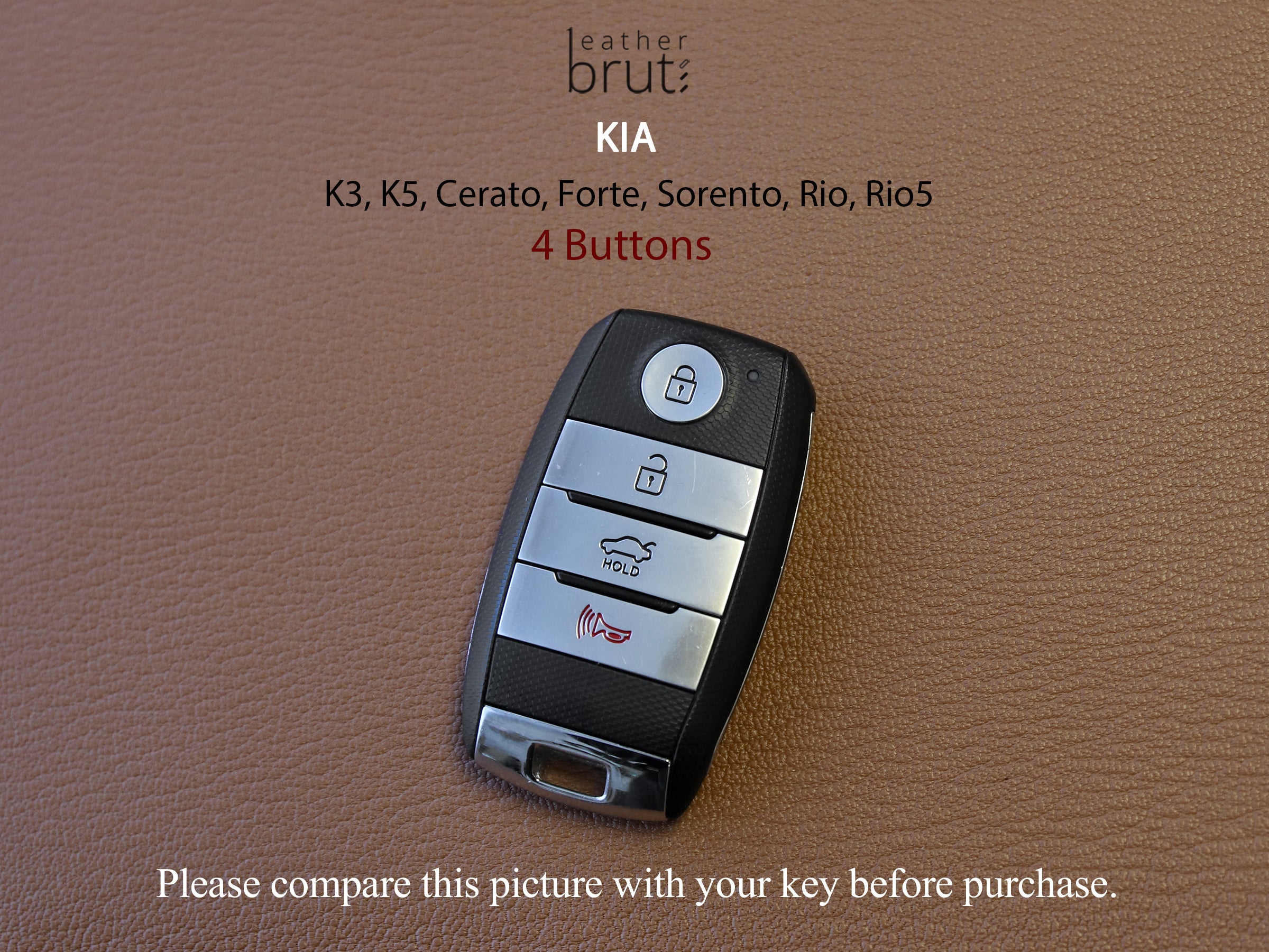 Kia [1-4] Key Cover - K3, K5, Cerato, Forte, Sorento, Rio, Rio5 - Italian Veg-Tanned Leather - 4 Buttons