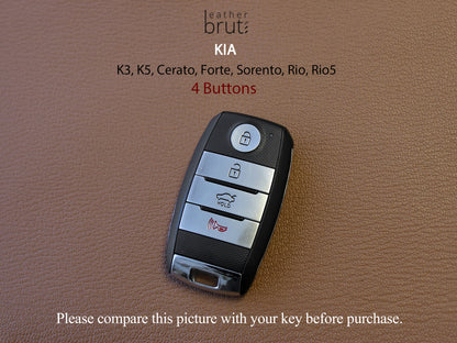 Kia [1-4] Key Cover - K3, K5, Cerato, Forte, Sorento, Rio, Rio5 - Italian Veg-Tanned Leather - 4 Buttons