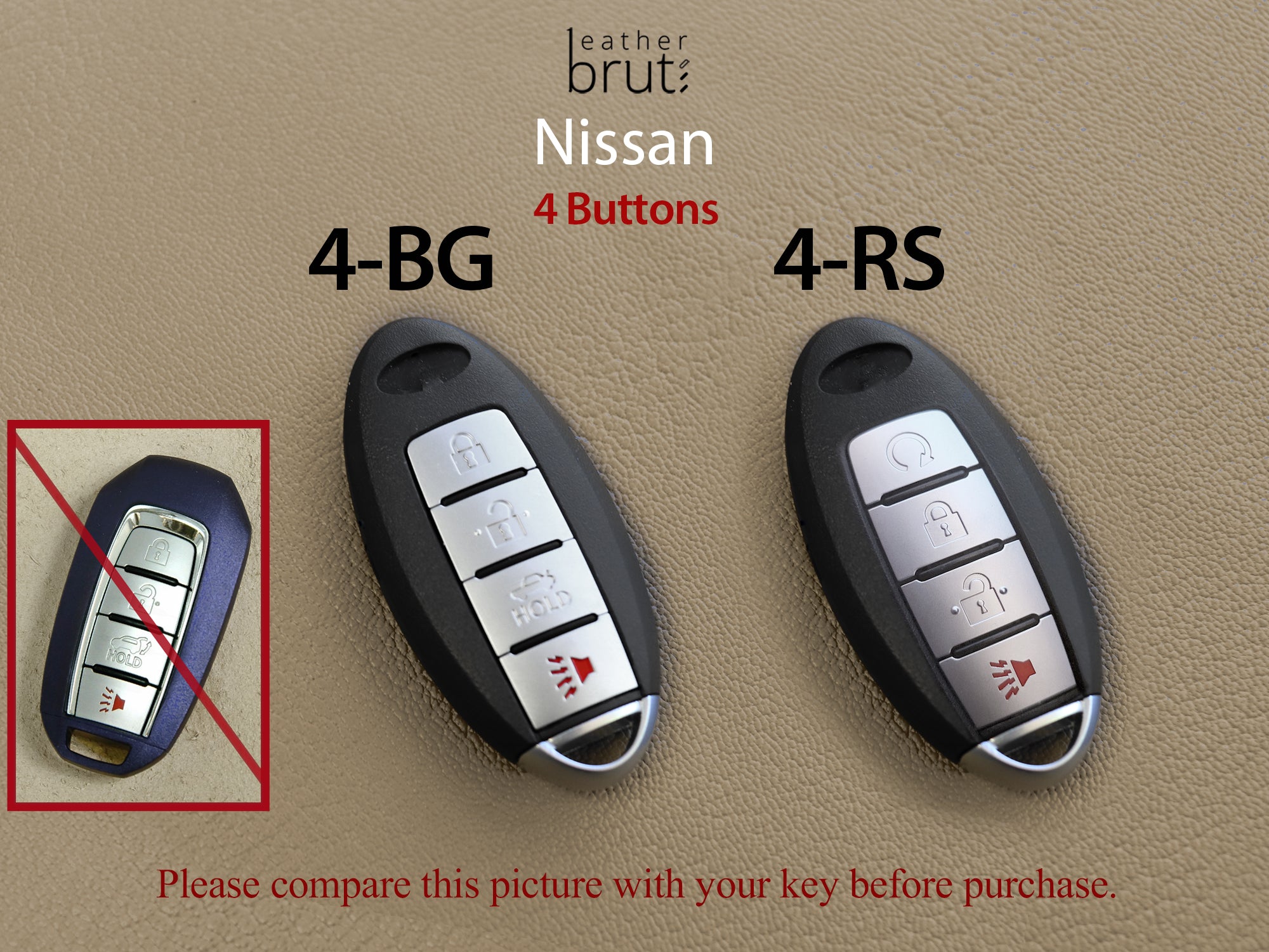 Nissan Series [1-4] Key Case -Altima Maxima Murano Pathfinder Rogue Armada Frontier - Italian Veg-tanned Leather -4 Buttons
